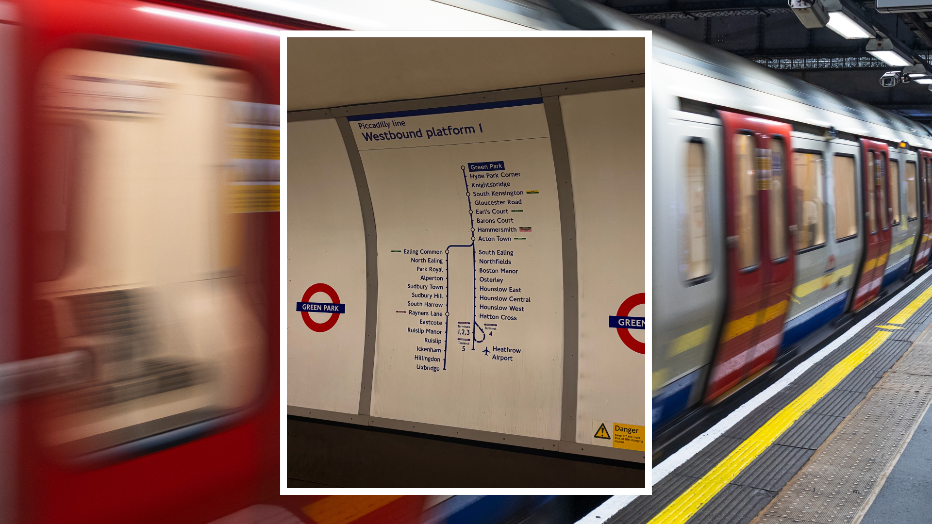A photograph of a London Underground platform sign for the Piccadilly line is centred within a white frame. The background shows blurred Underground trains passing on either side, creating a sense of movement and travel.