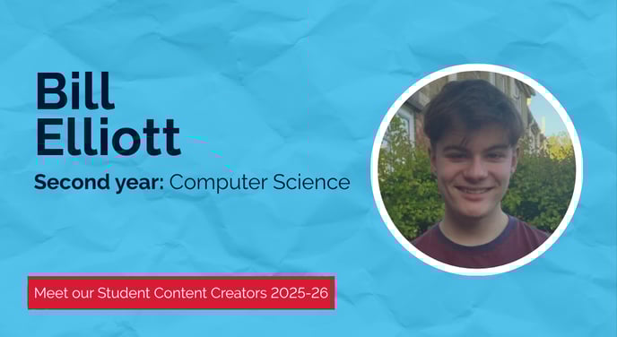 Bill Elliot, a second-year Computer Science student and 2025–26 Student Content Creator at Newcastle University, smiling outdoors with greenery and terraced houses in the background.