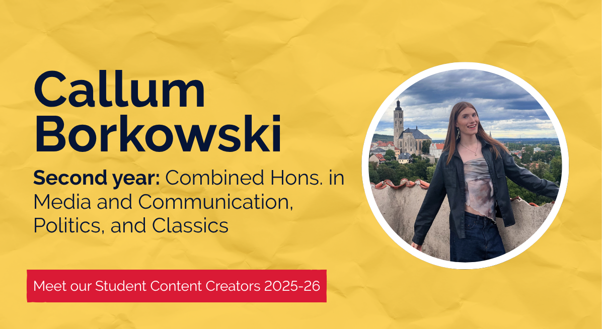 Callum Borkowski, a second-year Combined Honours student and 2025–26 Student Content Creator at Newcastle University, smiling on a rooftop with a scenic view of a historic town in the background.”