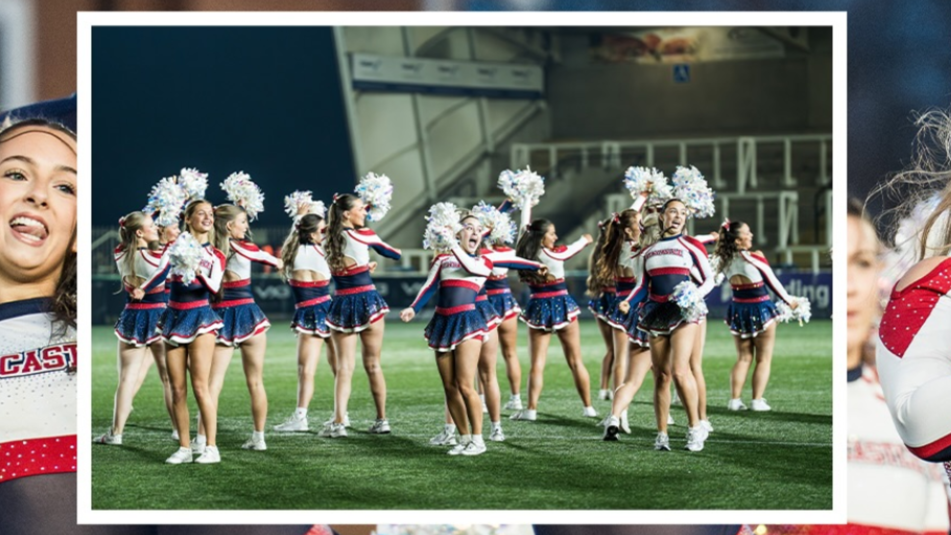 Cheerleaders from Newcastle Northern Angels perform on the pitch during an evening sporting fixture, holding pom-poms and dancing in formation at Kingston Park Stadium.