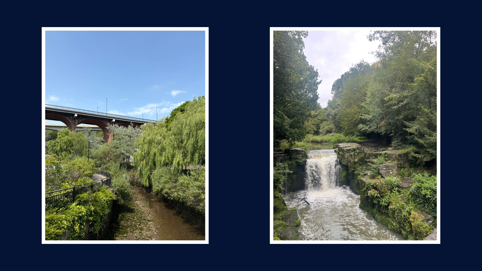Collage featuring a view of Ouseburn with a bridge overhead alongside a waterfall surrounded by woodland in Jesmond Dene.