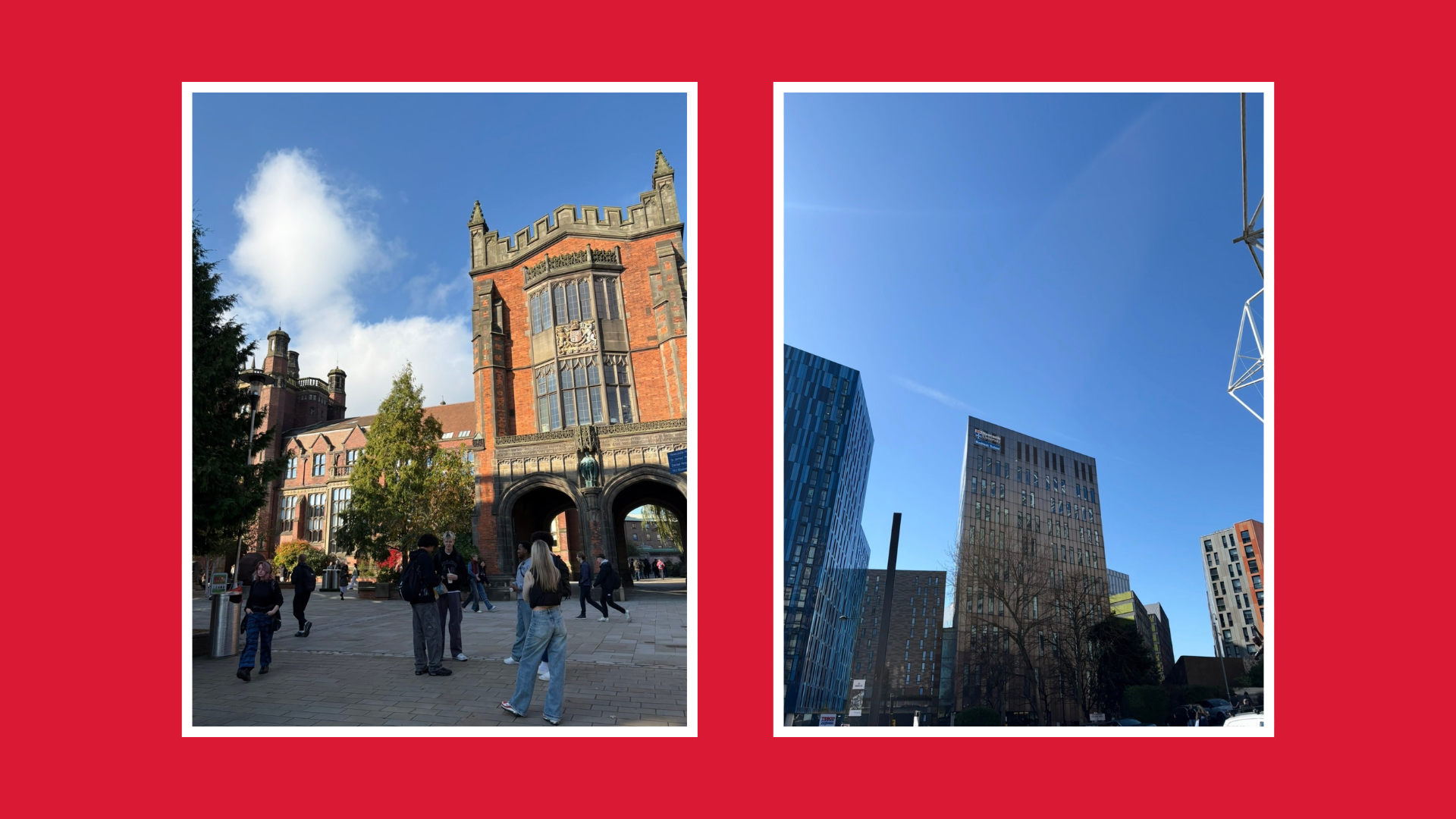 Collage featuring students outside Newcastle Universitys Arches building alongside modern city-centre buildings under a clear blue sky.