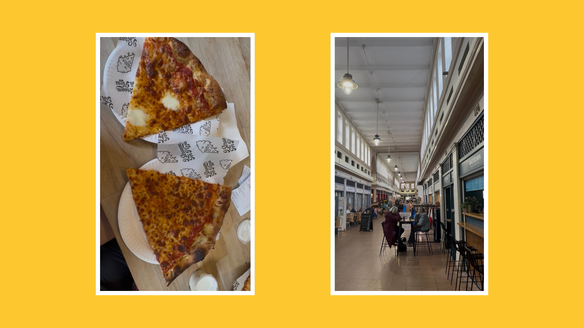 Collage showing slices of pizza from a Newcastle food venue alongside the interior of Grainger Market with diners and independent food stalls.