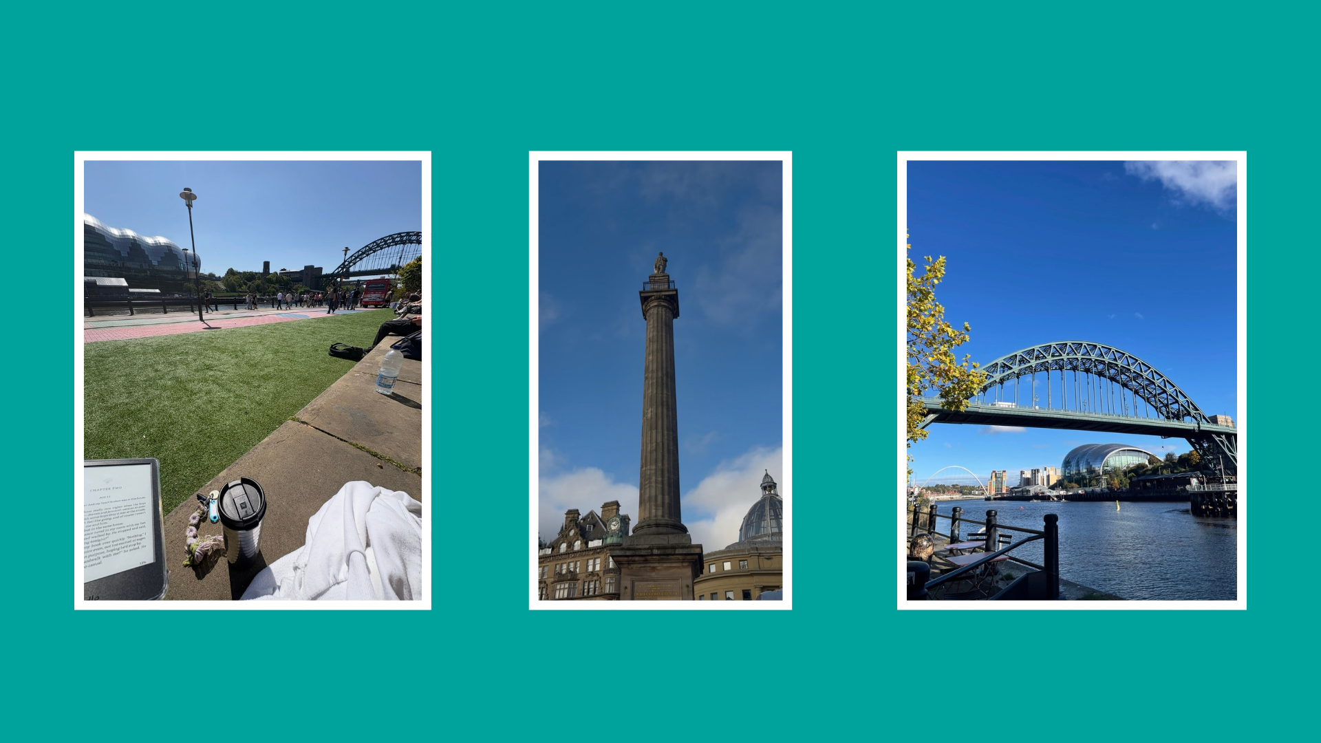 Collage showing views of Newcastles Quayside and Tyne Bridge alongside Greys Monument in Newcastle city centre.