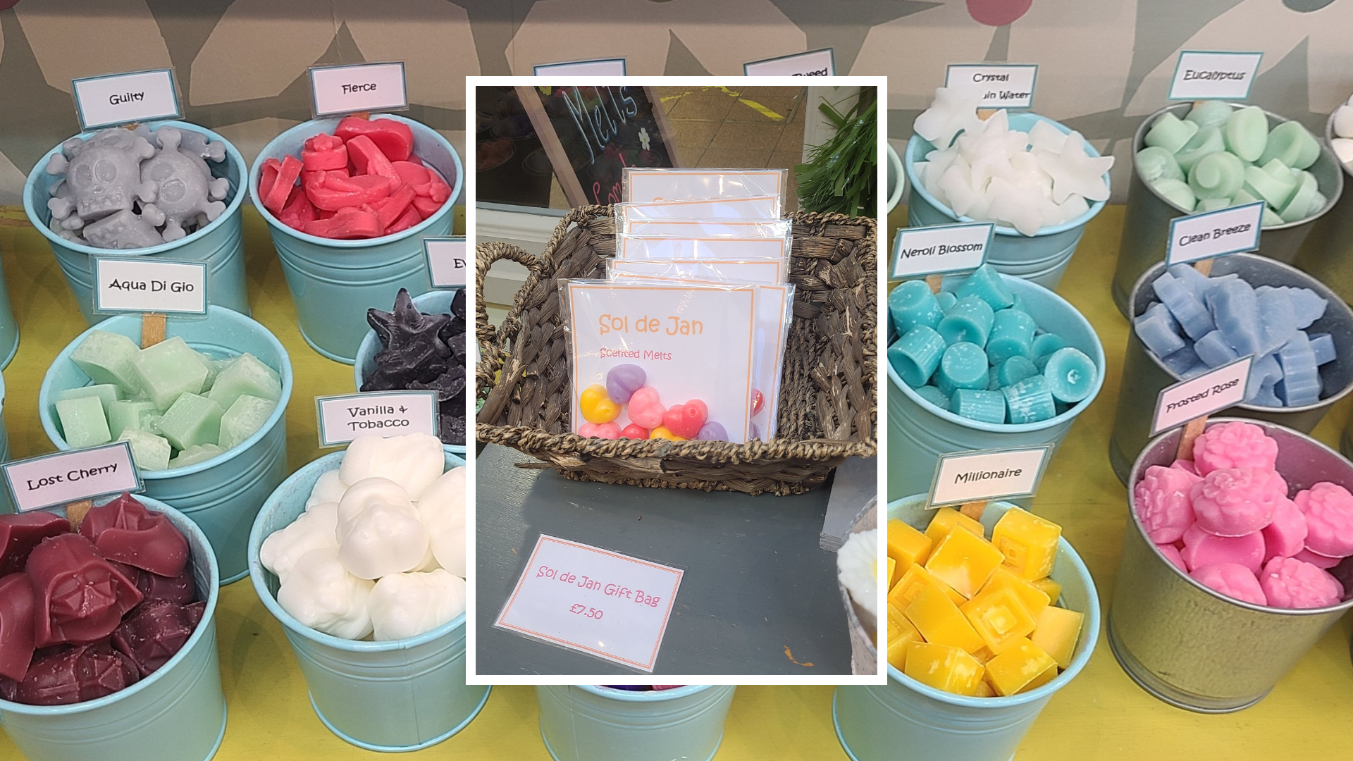 Colourful scented wax melts arranged in labelled tubs, with a small Sol de Jan gift bag display.