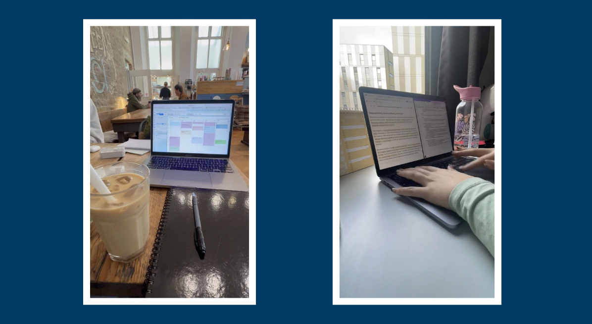 Two images of laptop, with drink and notepads