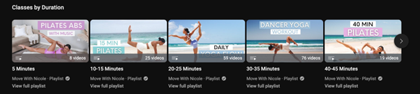 Screenshot of YouTube videos from Move With Nicole