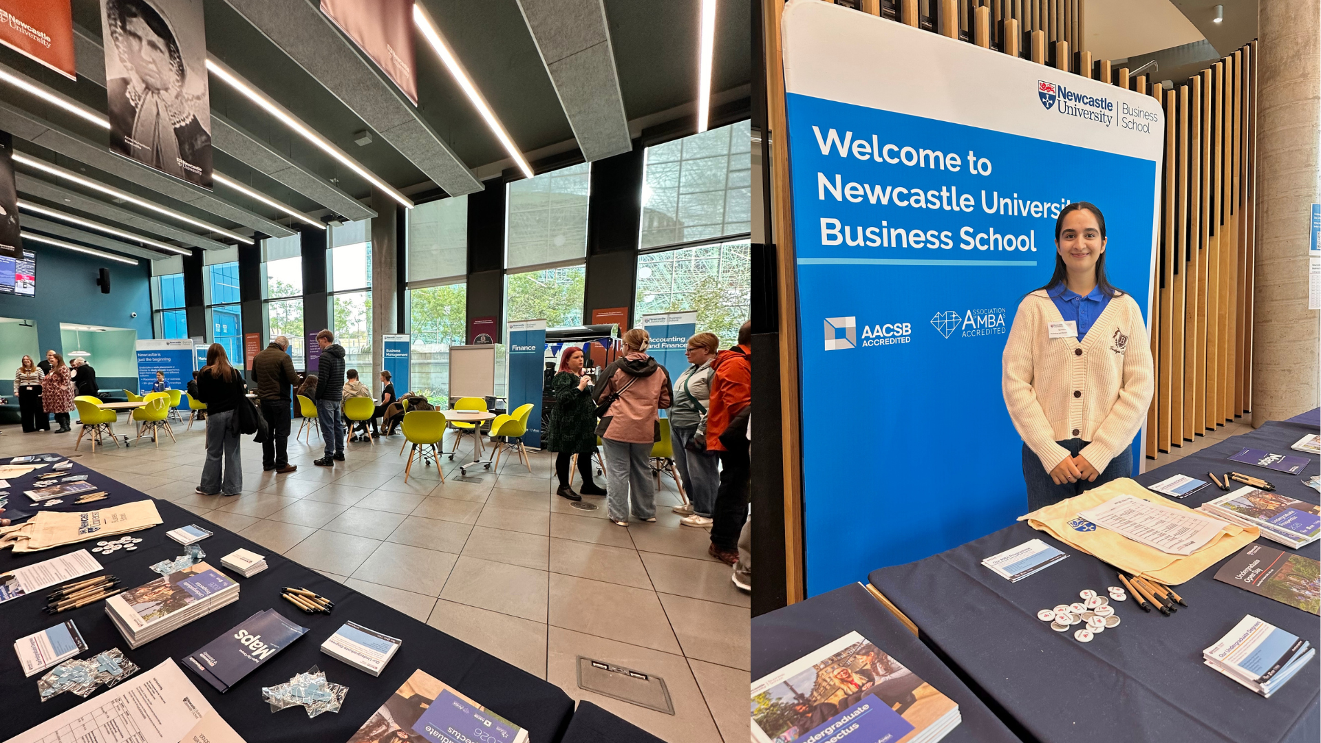 Image of Open Day at NUBS, image of Gurleen in front of NUBS sign