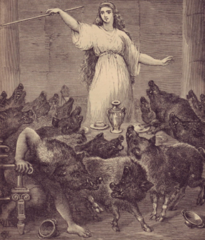 A Historical etching used as the cover of Circle, depicts a woman with a staff standing above wild hogs