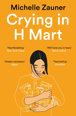 The cover of crying in H-Mart, depicts an Asian woman carrying a lot of groceries in her arms 