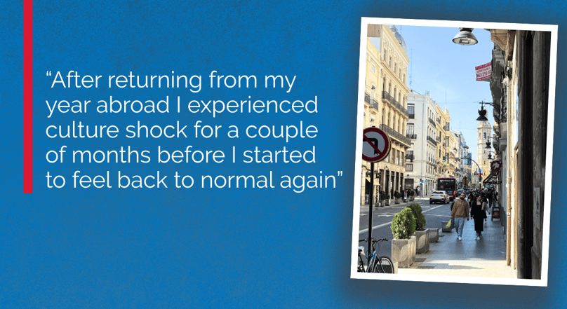 Graphic with quote from text: "After returning from my year abroad I experienced culture shock for a couple of months before I started to feel back to normal again." with image of street in Valencia