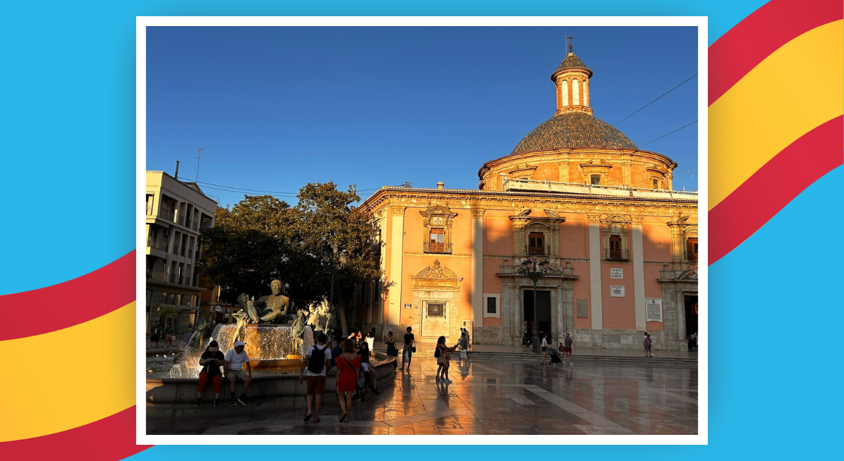 graphic with blue background featuring the Spanish as a ribbon, with an image of a square in Valencia