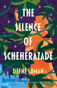 Cover image for The Silence of Scheherazade, a purple sky, green fig leaves and on orange woman in front of a cityscape.
