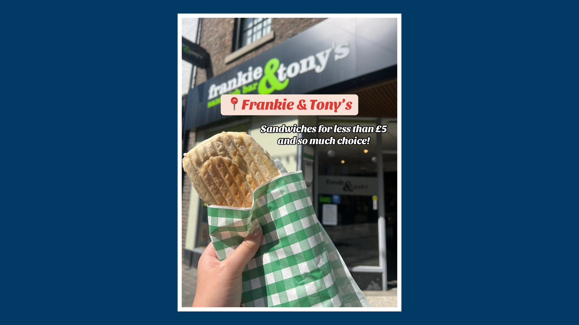 Frankie and Tonys sandwich with green and white bag