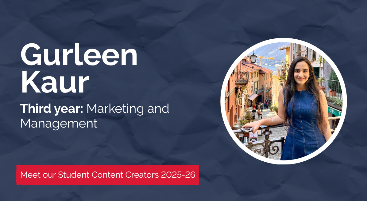 Gurleen Kaur, a third-year Marketing and Management student and 2025–26 Student Content Creator at Newcastle University, smiling while standing on a scenic street with colourful hillside buildings in the background