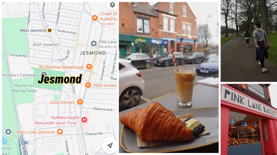 Jesmond, with a croissant, Pink Lane bakery and running along a tree lined path