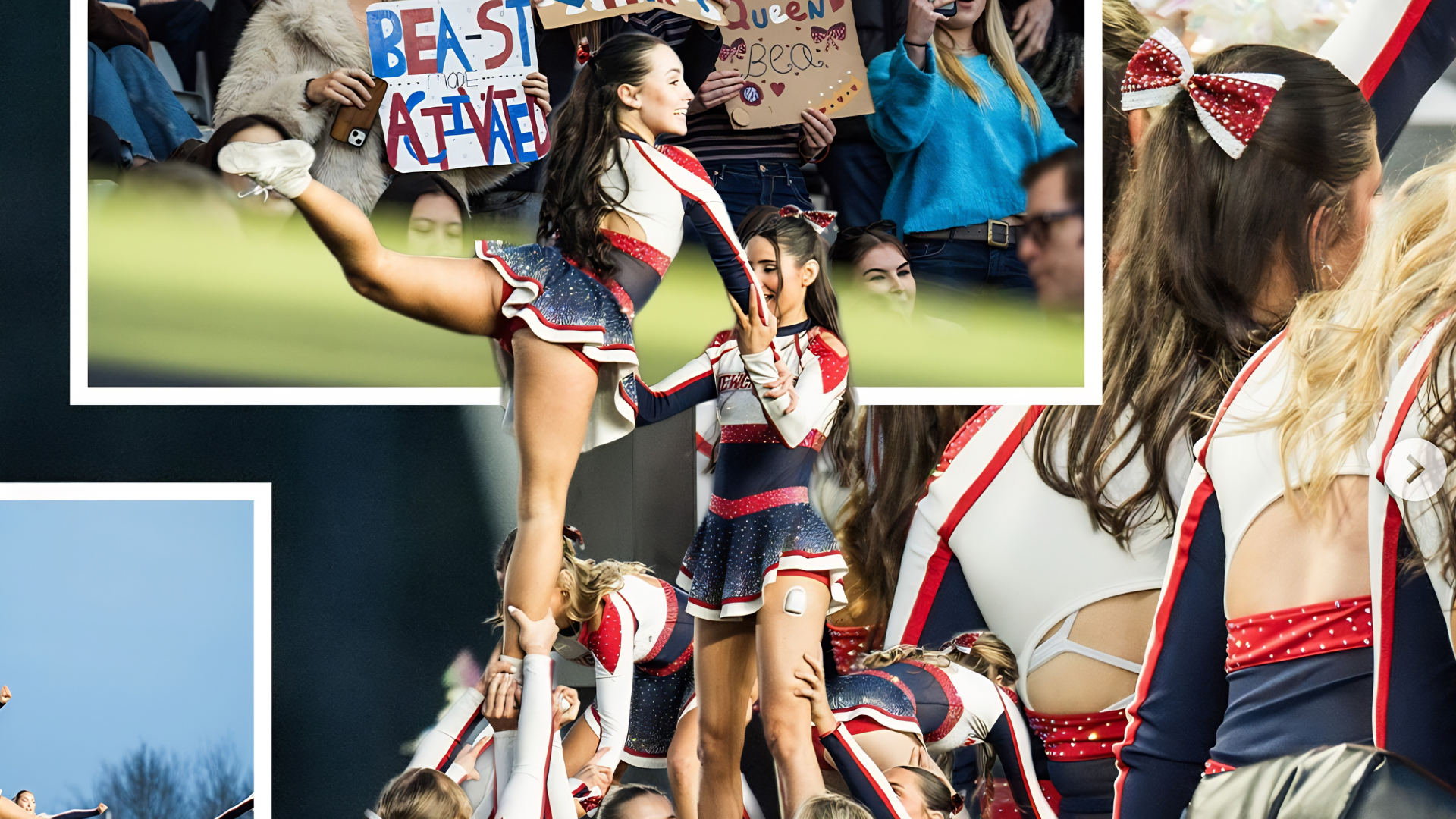 Newcastle Northern Angels cheerleaders perform a stunt in front of spectators during Varsity, with teammates supporting the flyer and fans holding signs in the background.