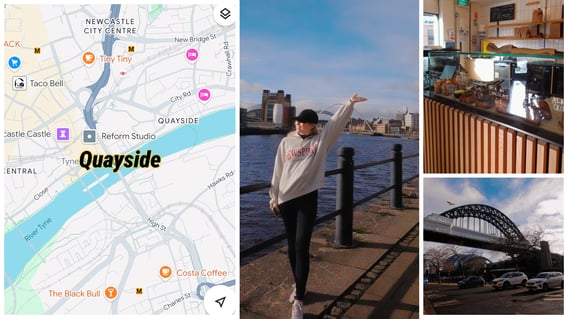 Quayside - with Yumeka standing by the Tyne river, Northern Rye bakery and the iconic Tyne bridge