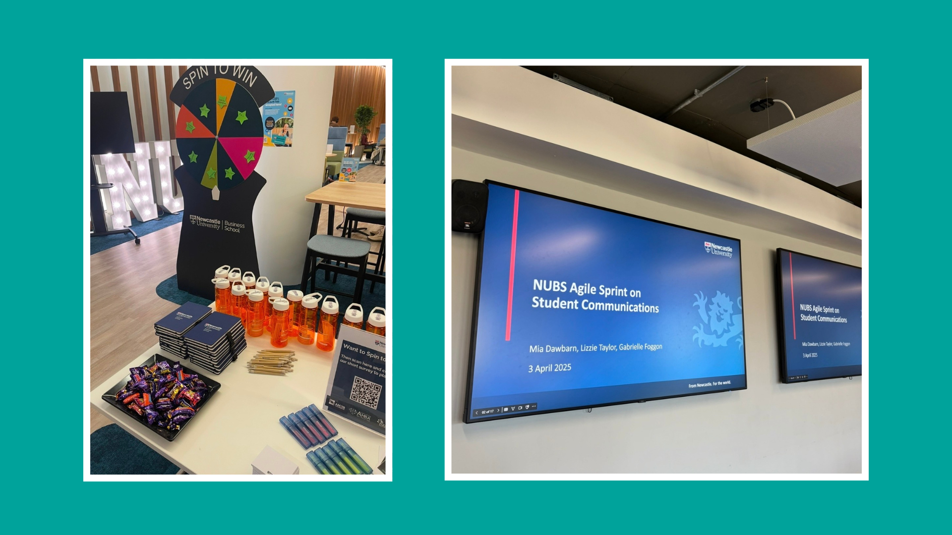 Student communications workshop setup at Newcastle University Business School with presentation screens, prizes and interactive activities.