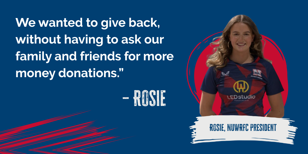 Student rugby president Rosie standing beside a quote about giving back without asking family and friends for donations