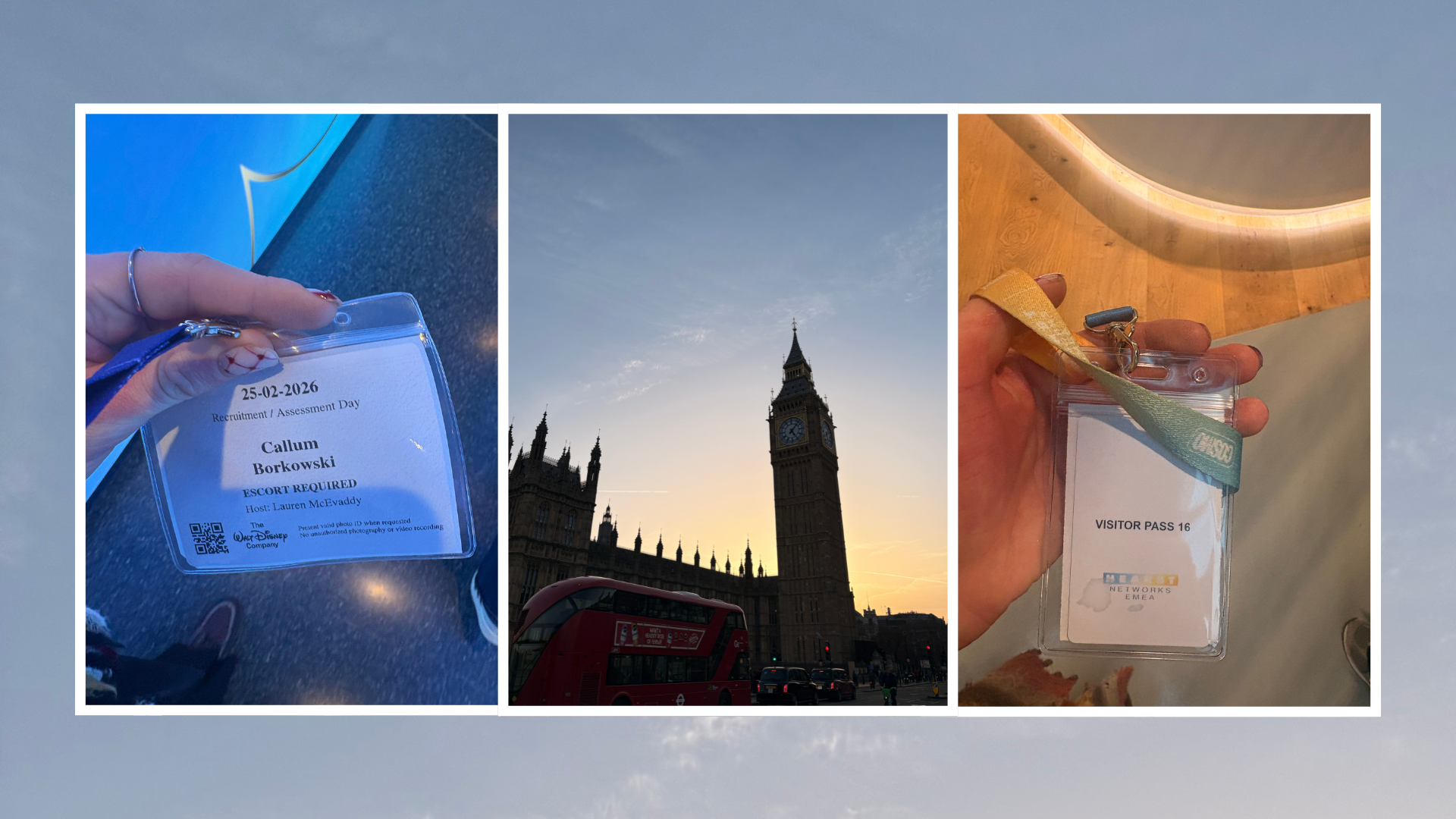 Three travel photographs arranged side by side show visitor passes from assessment centres and a view of Big Ben and a red London bus at sunset. The collage is framed in white against a soft blue-grey background.