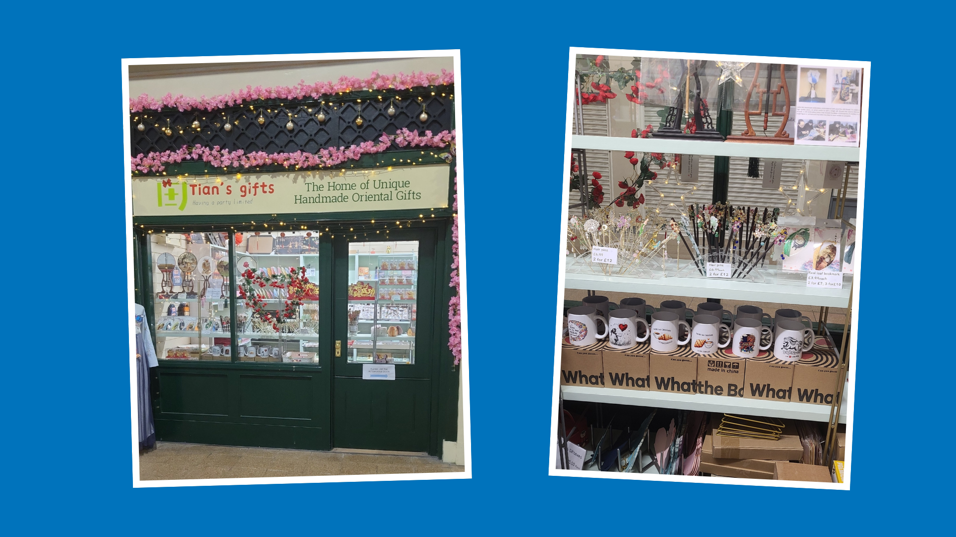 Tian’s Gifts shopfront in Grainger Market and a shelf display of mugs, hair accessories and small gifts.