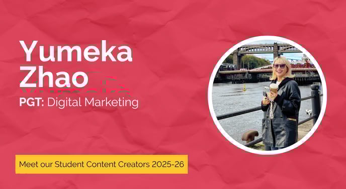 Yumeka Zhao, a postgraduate researcher in Digital Marketing and 2025–26 Student Content Creator at Newcastle University, smiling by the River Tyne while holding a coffee, with the Swing Bridge and