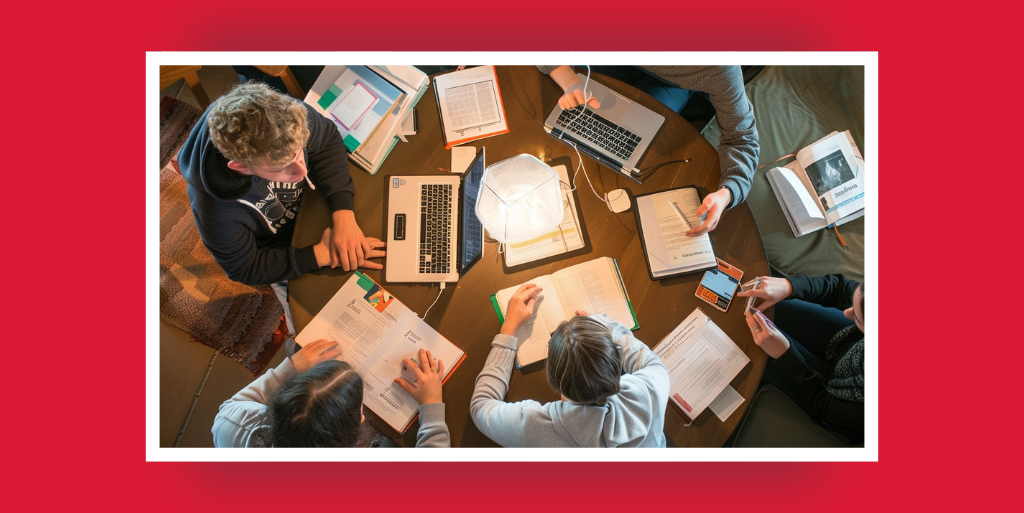 a group of students working at a table on laptops