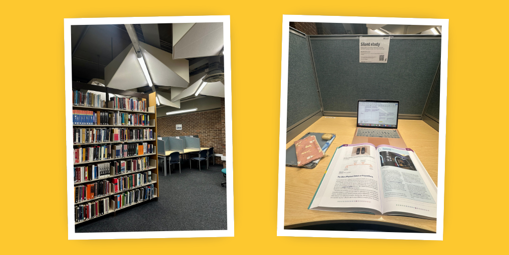 image of library books and a study space, on a yellow background