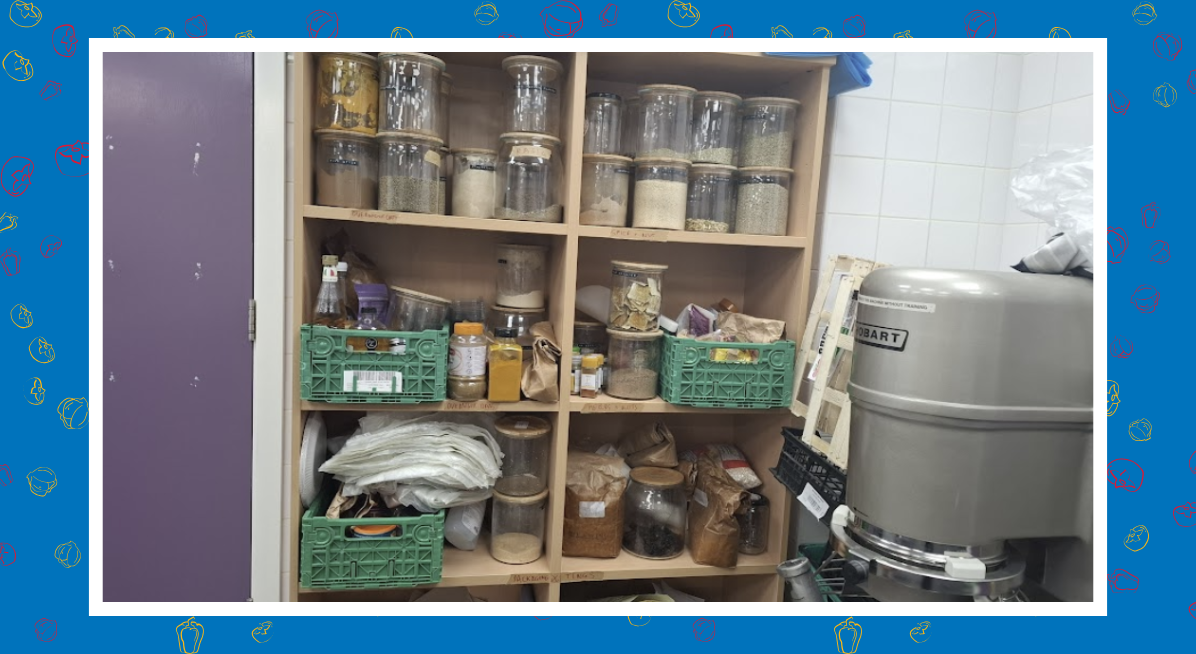 image of the prep kitchen, focusing on the shelves of produce
