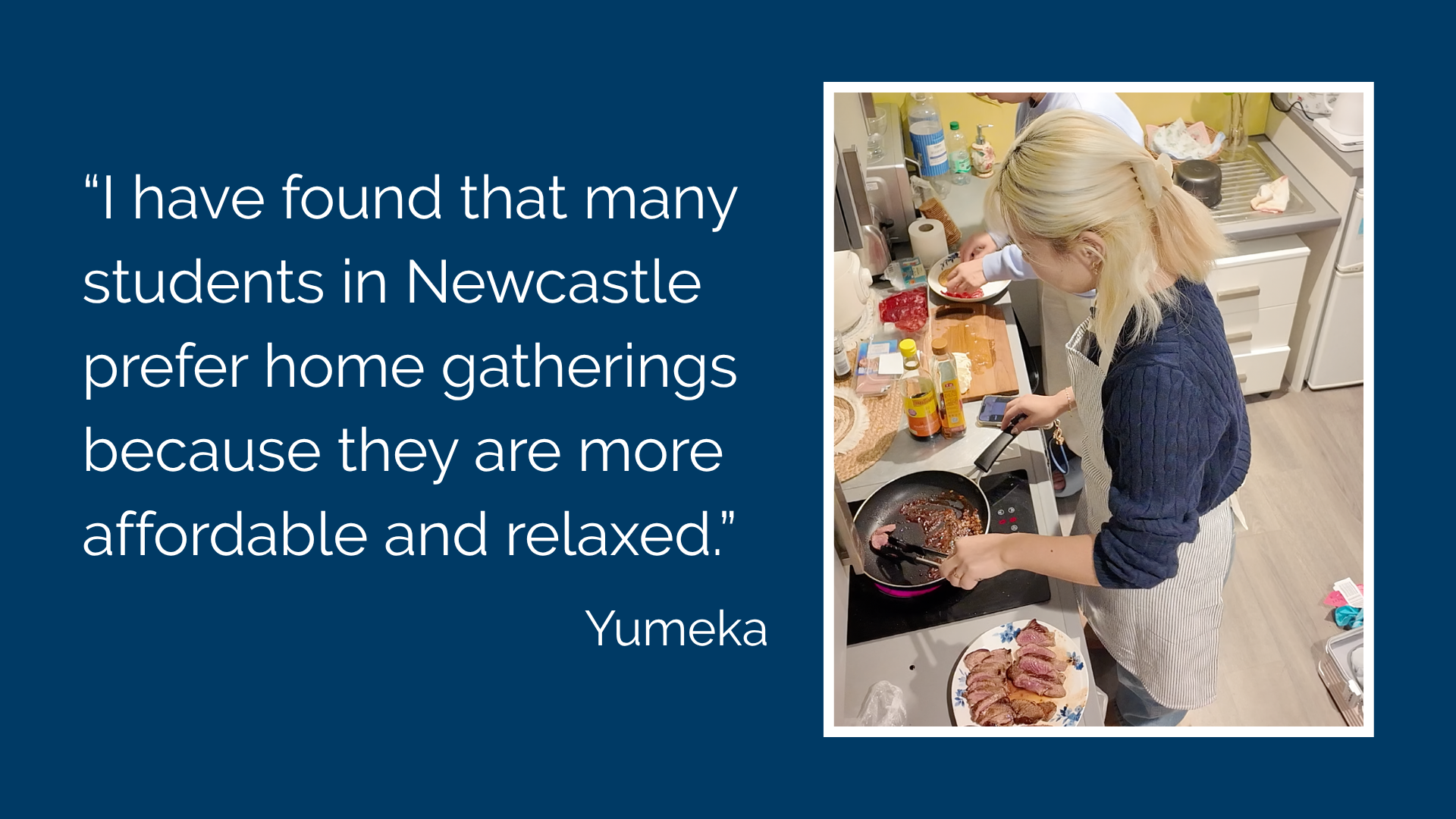 quote from Yumeka about students prefering home gatherings than eating out with an image of her cooking