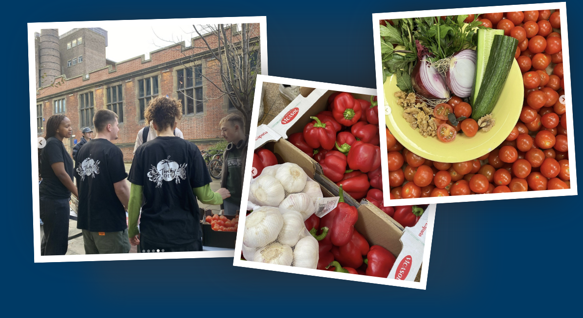 three images; one of a group of volunteers, one of fruits and vegetables, and one of peppers and garlic
