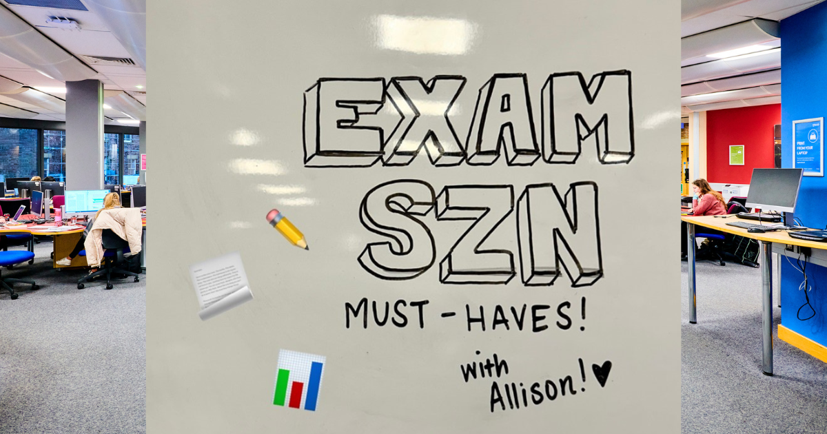 Exam Szn must-haves with Allison written on a whiteboard in the Library